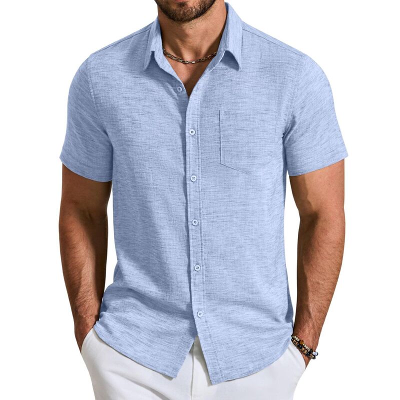 クーファンディ メンズ トップス Tシャツ ボタンダウン リネン COOFANDY Mens Linen Shirt Short Sleeve Button Down Shirts Casual Dresshirts for Men Blue ブルー｜ReVida 店