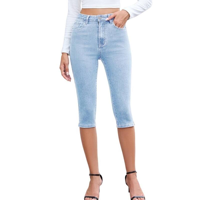 イエスファッション レディース ボトムス カジュアルパンツ ストレート デニム キャップ ジーンズ Yesfashion Women's Capri Jeans High Waisted Fashion Straight Leg Raw Hem Denim Capri Pants Light Blue ブルー|ReVida 店