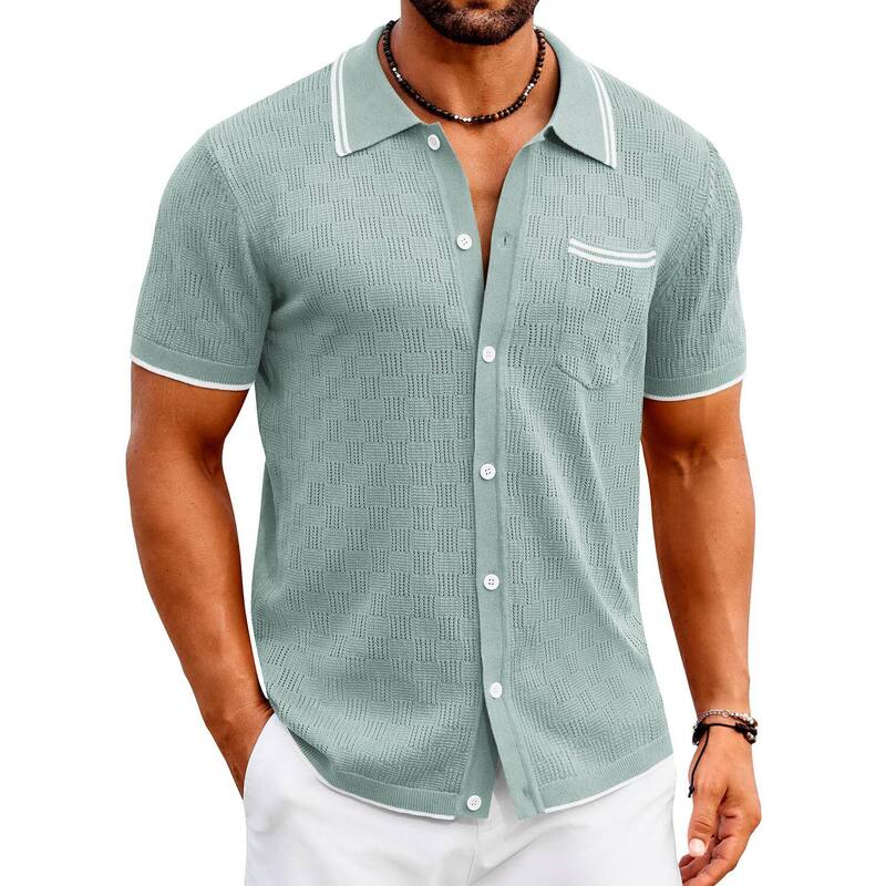 クーファンディ メンズ トップス Tシャツ ヴィンテージ ボタンダウン ポロシャツ ダウン ニット COOFANDY Men' Knit Polo Shirtshort Sleeve Vintage Beach Shirt Casual Button Down Shirt Ice Green グリーン｜ReVida 店