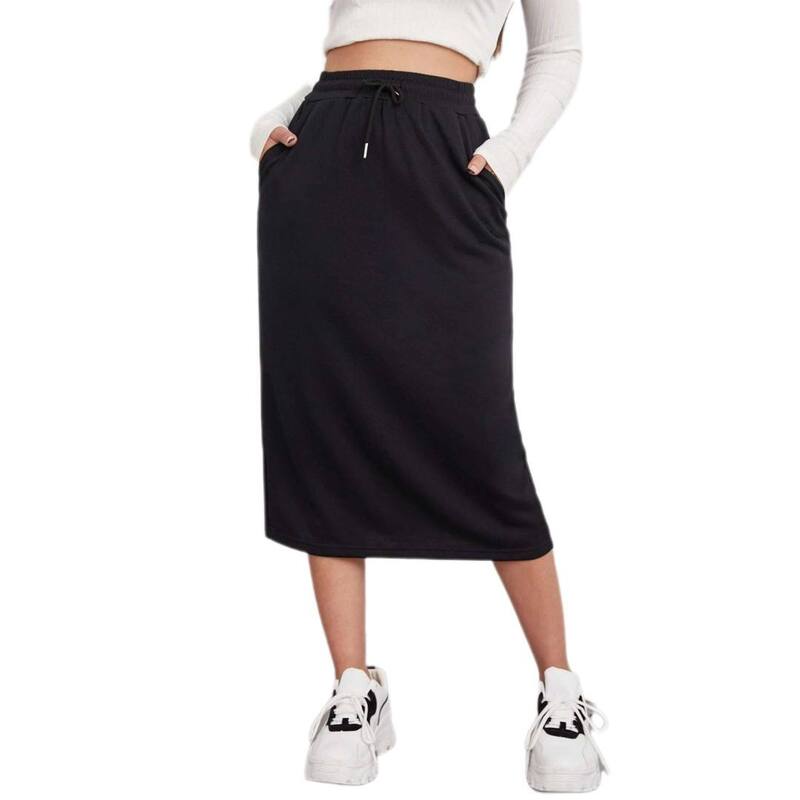 イエスファッション レディース ボトムスカート ハイウエスト ミディ Yesfashion Women's Drawstring High Waist Sweat Midi Skirt with Pockets Black ブラック|ReVida 店