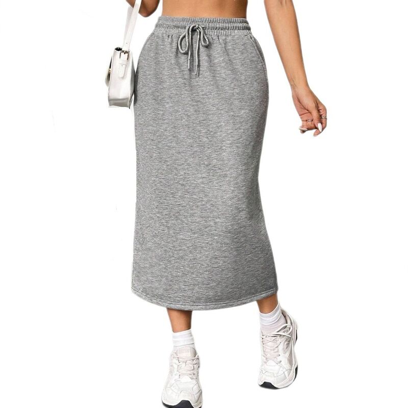 イエスファッション レディース ボトムスカート ハイウエスト ミディ Yesfashion Women\'s Drawstring High Waist Sweat Midi Skirt with Pockets Gray グレー｜ReVida 店