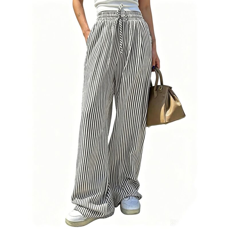 クリアフラワー レディース ボトムス カジュアルパンツ ワイドレッグ ClearFlower Womens Drawstring High Waisted Striped Straight Wide Leg Pantsummer Casualong Pants With Pockets Black ブラック|ReVida 店