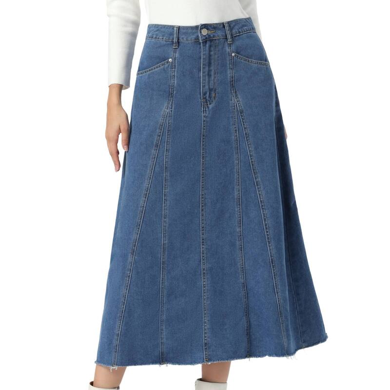 インスパイア シック レディース ボトムスカート デニム マキシ INSPIRE CHICasual Denimaxi Skirt for Womens High Waisted Fla red Panelong Jean Skirts Blue ブルー|ReVida 店