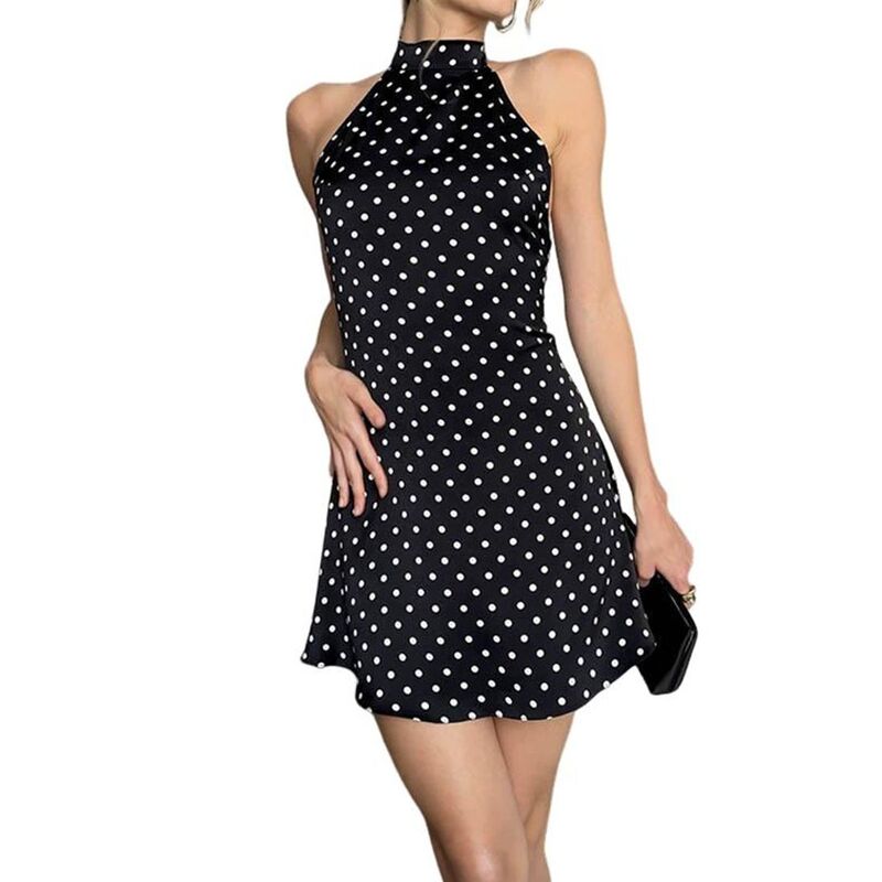クリアフラワー レディース トップス ワンピース オープンバック ドット柄 ドット ミニ ノースリーブ ホルター ClearFlower Women's Polka Dot Halter Mini Dress Open Back Sleeveless Bodycon Party Dress Black ブラック｜ReVida 店 9,975円