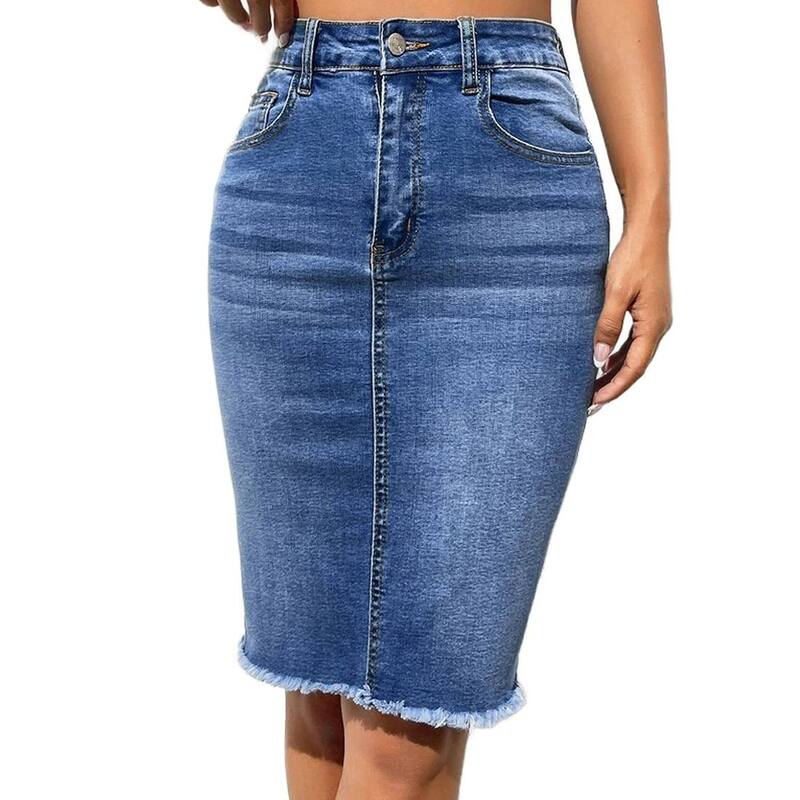 クリアフラワー レディース ボトムスカート ミディ デニム ClearFlower Women's High Waistedenim Pencil Skirt Frayed Hem Stretchy Bodycon Midi Jean Skirt with Pockets Blue ブルー|ReVida 店
