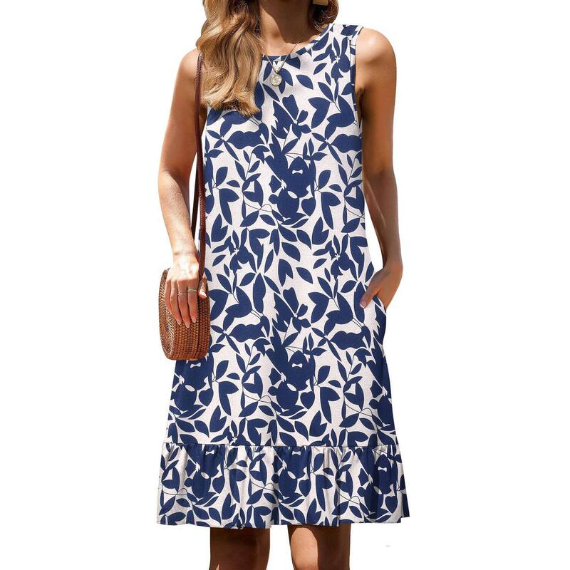 ジーグー レディース トップス ワンピース フリル裾 フリル Tシャツ ノースリーブ Zeagoo Women Casualoose Sleeveless T-Shirt Sundress Ruffle Hem Tank Dress with Pockets Paisley Blue Leaf Print ブルー｜ReVida 店