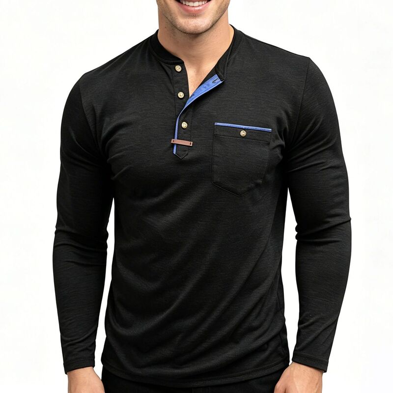 エリートスピリット メンズ トップス Tシャツ ボタンダウン コントラスト ダウン EliteSpirit Men's Contrast Placket Henley Shirt, Button Down Chest Pocket Long Sleeve Casual Top Black ブラック｜ReVida 店