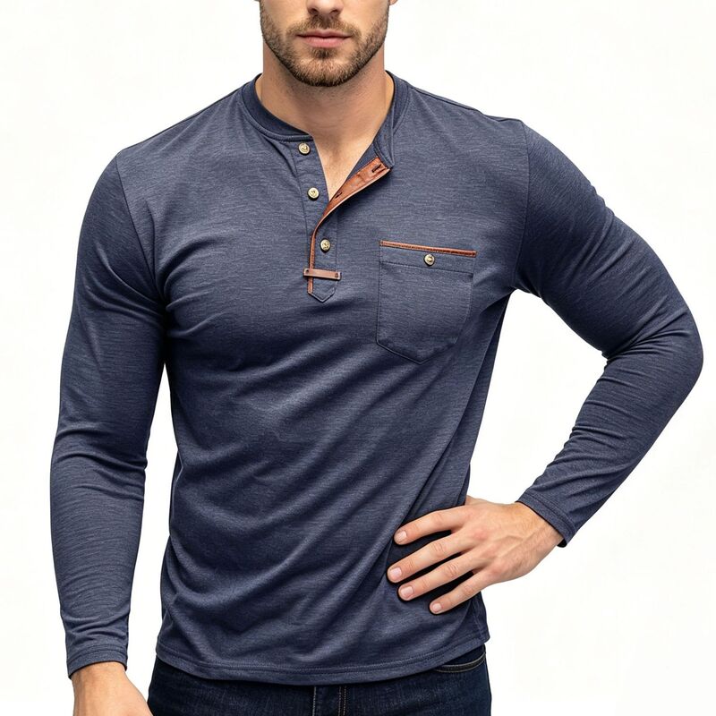 エリートスピリット メンズ トップス Tシャツ ボタンダウン コントラスト ダウン EliteSpirit Men's Contrast Placket Henley Shirt, Button Down Chest Pocket Long Sleeve Casual Top Dark Blue ブルー｜ReVida 店 10,380円