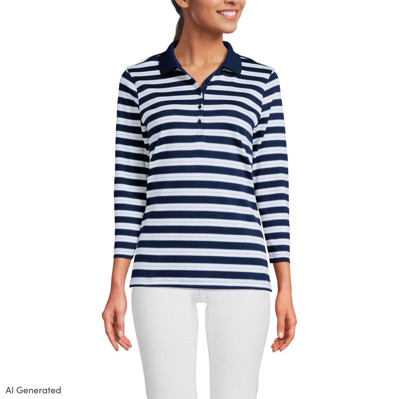 ランズエンド レディース トップス Tシャツ ポロシャツ コットン Women's Lands' End Supima Cotton 3/4-Sleeve Polo Shirt Sea Blue Mlti Stripe ブルー|ReVida 店