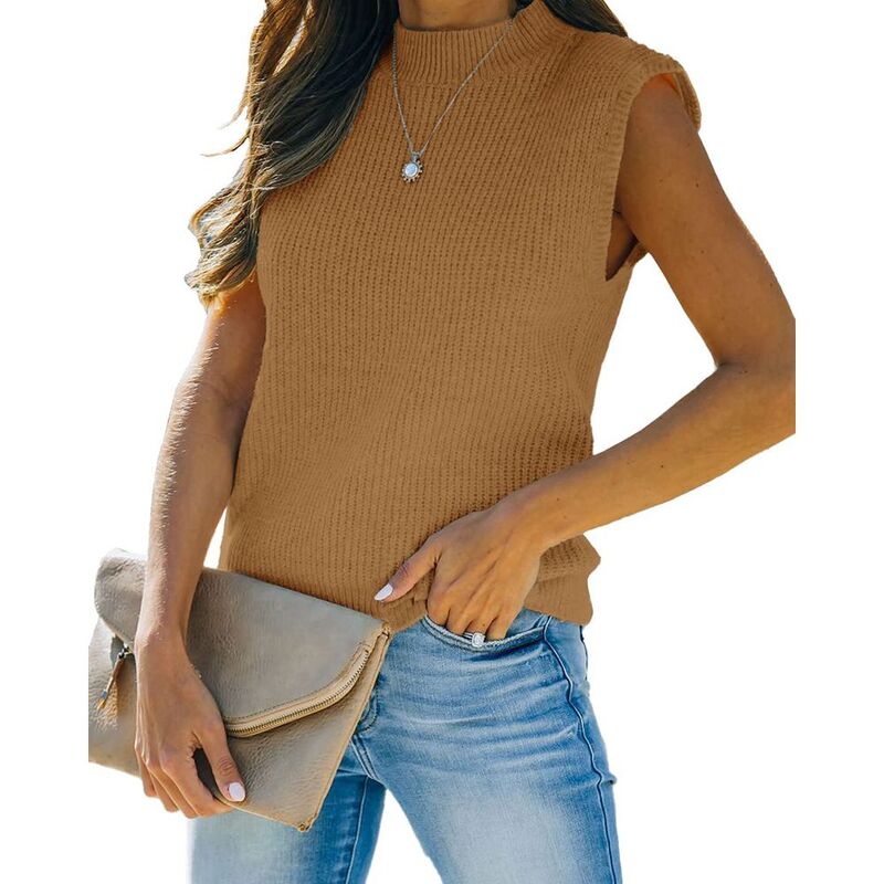 ミスキー レディース アウター ニット・セーター モックネック リブ ベスト ノースリーブ MISSKY Women's Mock Necknit Sweater Vest Sleeveless Casual Trendy Summeribbed Pullover Tank Tops Light Brown ブラウン|ReVida 店