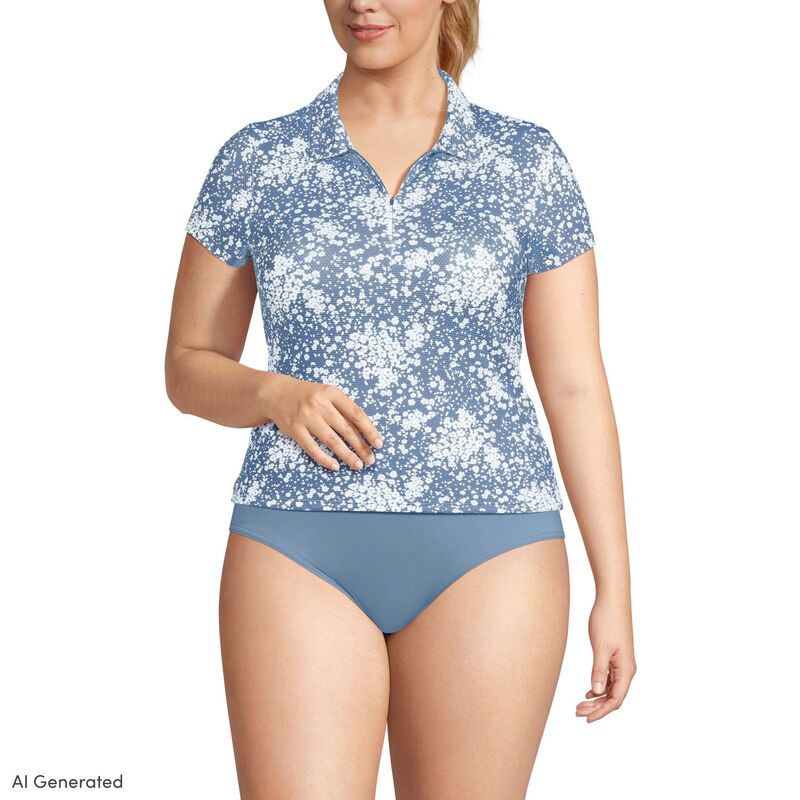 ランズエンド レディース 水着 トップのみ プラスサイズ Plusize Lands' End Short Sleeve Pique Johnny Collar Swim Top Dusk Meadow Floral｜ReVida 店