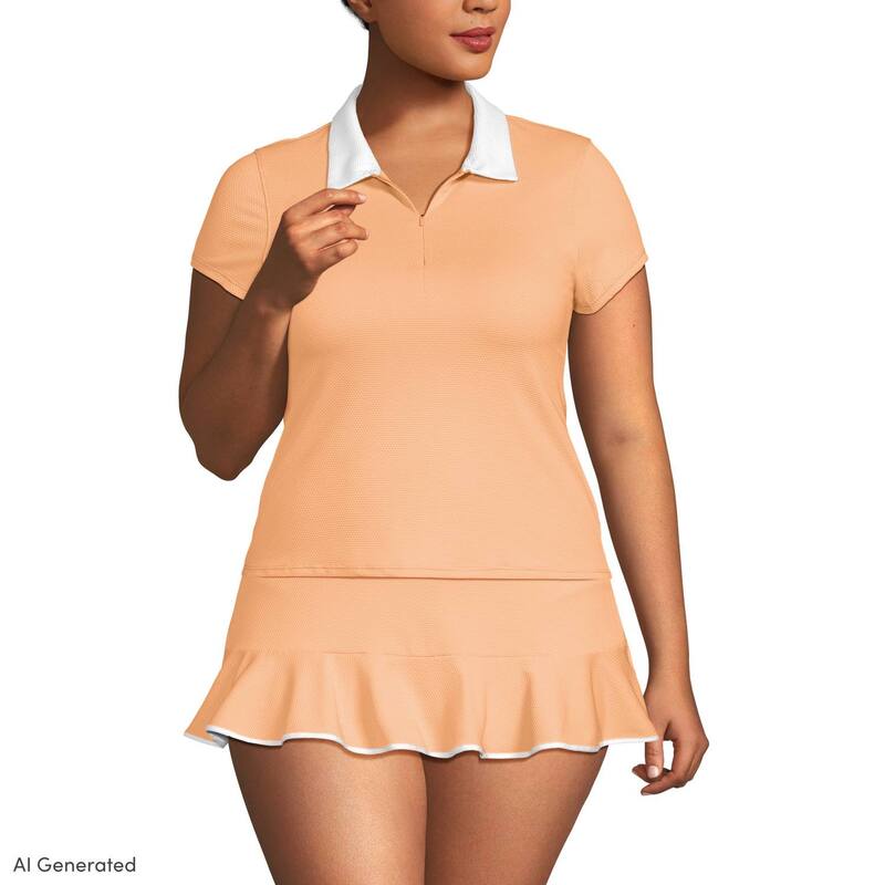 ランズエンド レディース 水着 トップのみ プラスサイズ Plusize Lands' End Short Sleeve Pique Johnny Collar Swim Top Orange Mist White ホワイト｜ReVida 店