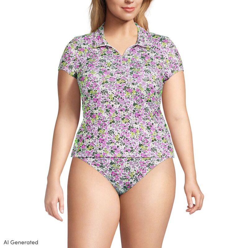 ランズエンド レディース 水着 トップのみ プラスサイズ Plusize Lands' End Short Sleeve Pique Johnny Collar Swim Top White Ditsy Floral ホワイト｜ReVida 店