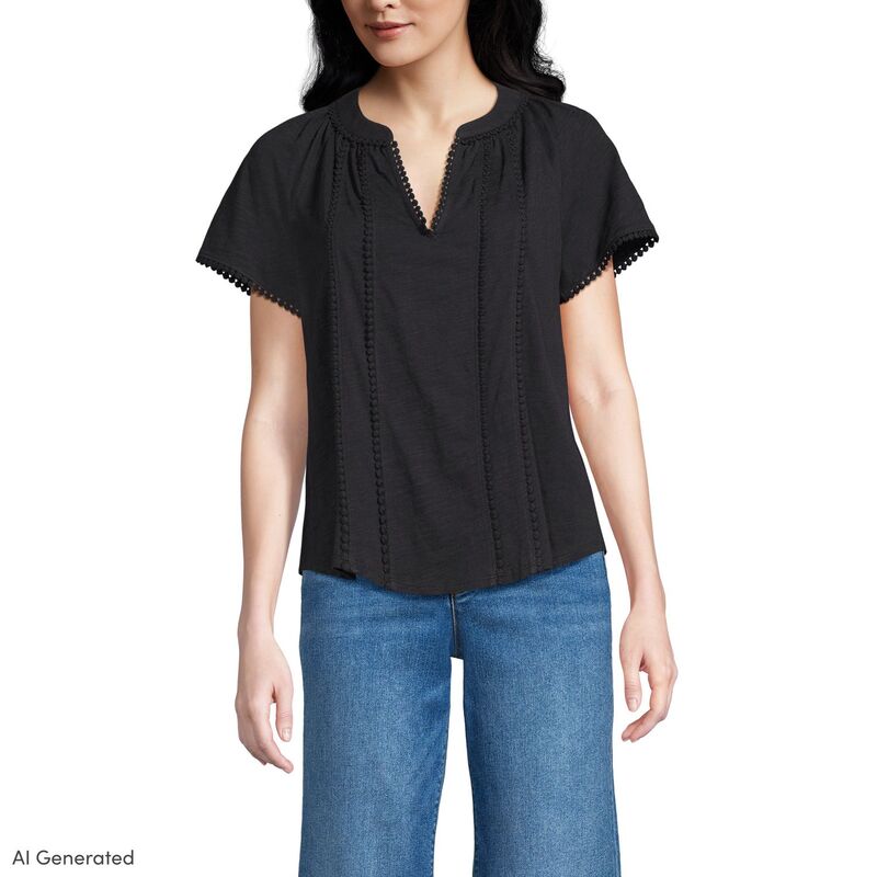 ランズエンド レディース トップス Tシャツ Women's Lands' End Short Sleeve Notch Neck Top Black ブラック|ReVida 店