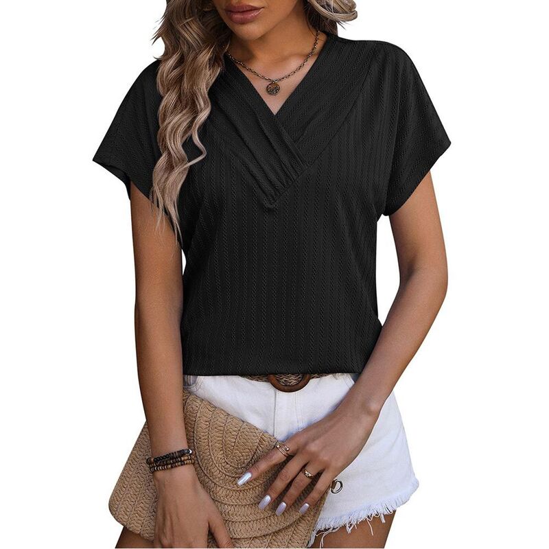 コジョイン レディース トップス Tシャツ Vネック ブラウス Kojooin Women's Casual Short Sleeve Wrap V Neck T-Shirtsummer Trendy Solid Color Pullovers Blouses Black ブラック|ReVida 店