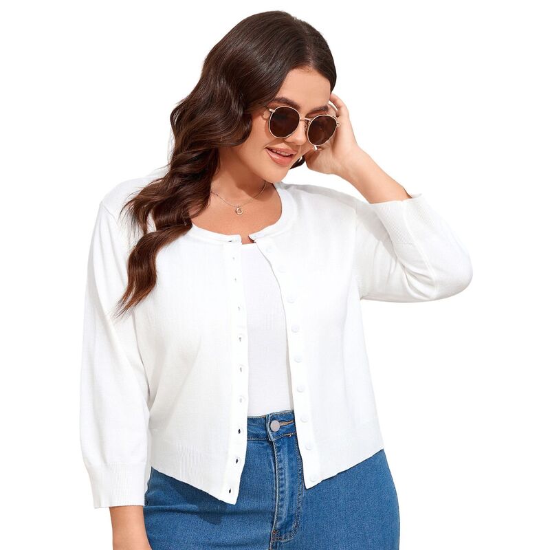 コジョイン レディース アウター ニット・セーター ボタンダウン プラスサイズ カーディガン ダウン Kojooin Women Plusize Cardigan Round Neck Button Down 3/4 Sleeve Top Solid Casual Cardigan White ホワイト|ReVida 店
