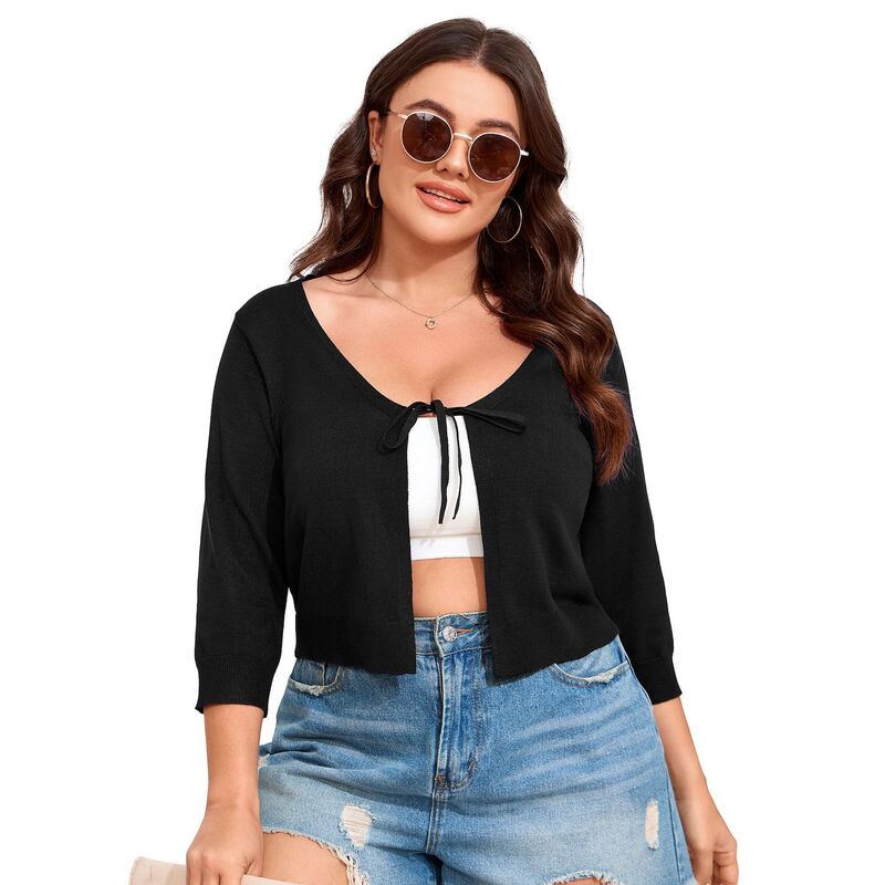 コジョイン レディース アウター ニット・セーター リブニット カーディガン Kojooin Women's Tie Front 3/4 Sleeve Rib Knit Boleropen Front Cardigan Sweatershrug Black ブラック|ReVida 店