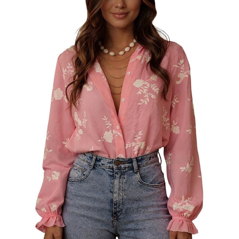 イエスファッション レディース トップス シャツ ヴィンテージ ボタンダウン フラワー柄 ダウン ブラウス フラワー Yesfashion Women Boho Floralong Sleeve Flowy Blouse Button Down Shirts Vintage Aesthetic Shirts Going Outo pink Flower ピンク|ReVida 店