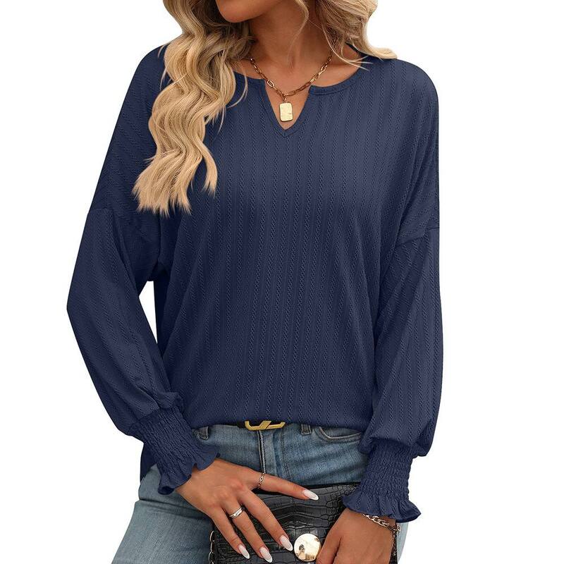 イエスファッション レディース トップス シャツ クルーネック プリーツ ブラウス Yesfashion Womens Tops Puff Long Sleeve Shirts Dressy Casual Crew Neck Pleated Summer Fall Work Blouses Navy Blue ネイビー|ReVida 店