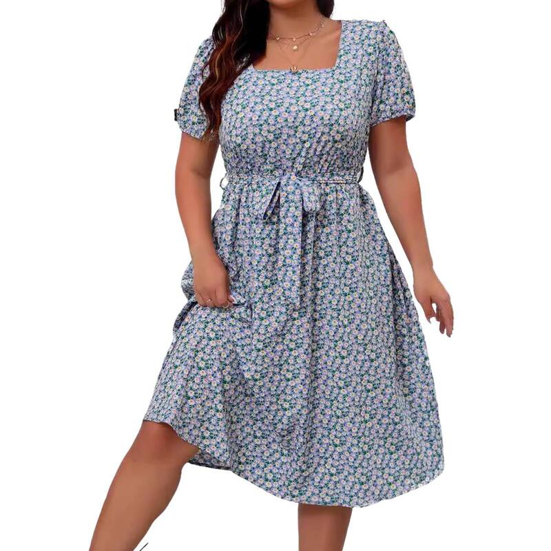 クリアフラワー レディース トップス ワンピース フラワー柄 プラスサイズ プリント ミディ ClearFlower Plusize Women'square Neck Short Sleeve Floral Printie Waist Flowy Midi Dress Blue Floral ブルー｜ReVida 店
