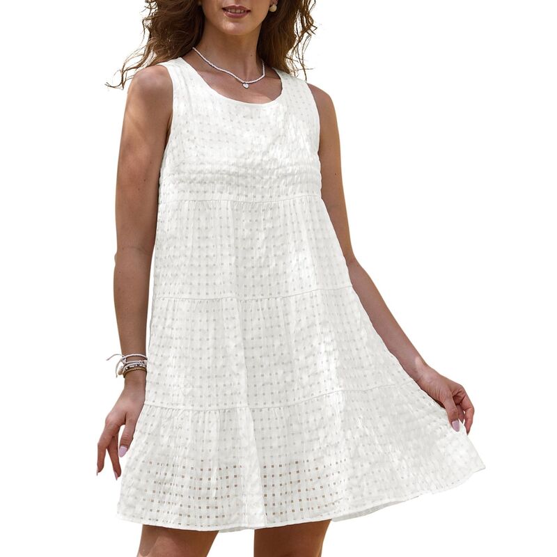 インスパイア シック レディース トップス ワンピース ティアード ギンガムチェック ノースリーブ ギンガム INSPIRE CHIC Gingham Dress for Women Sundressleeveless Plaid Flowy Swing Tie red Short Dresses White ホワイト|ReVida 店