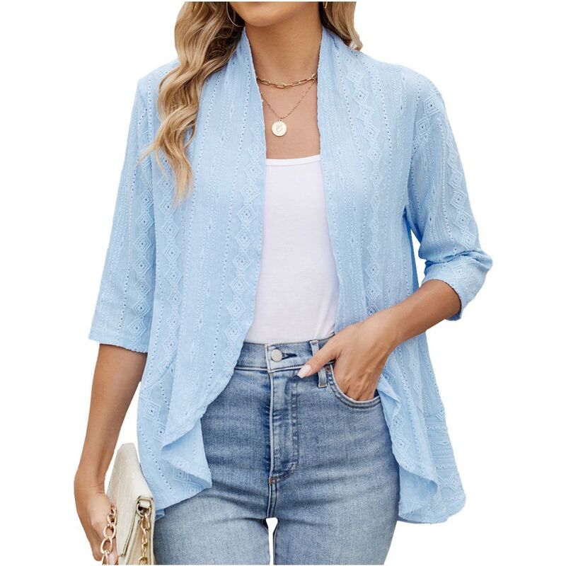 イエスファッション レディース アウター ニット・セーター ドレープ フリル カーディガン Yesfashion Women's Open Front 3/4 Sleeve Cardigan Drape Ruffles Cardigan Hollow-Out Cover Upsky Blue ブルー|ReVida 店