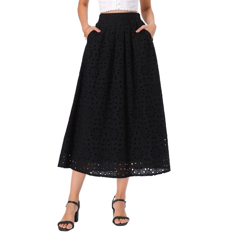 インスパイア シック レディース ボトムスカート A ライン ミディ INSPIRE CHIC Summer Boho Skirts for Women High Waisted A Line Flowy Eyelet Midi Skirts Black ブラック｜ReVida 店