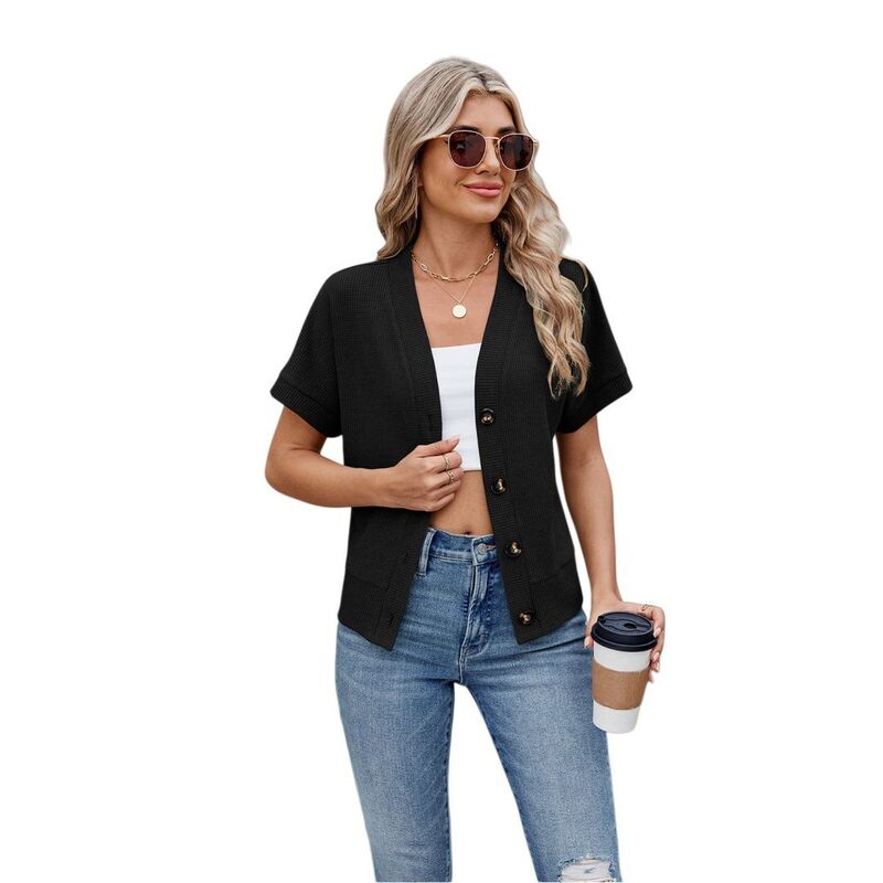 イエスファッション レディース アウター ニット・セーター Vネック カーディガン Yesfashion Women Short Sleeve Cardigan Sweaters for Women Lightweight Knit Button Up V Neck Black ブラック｜ReVida 店
