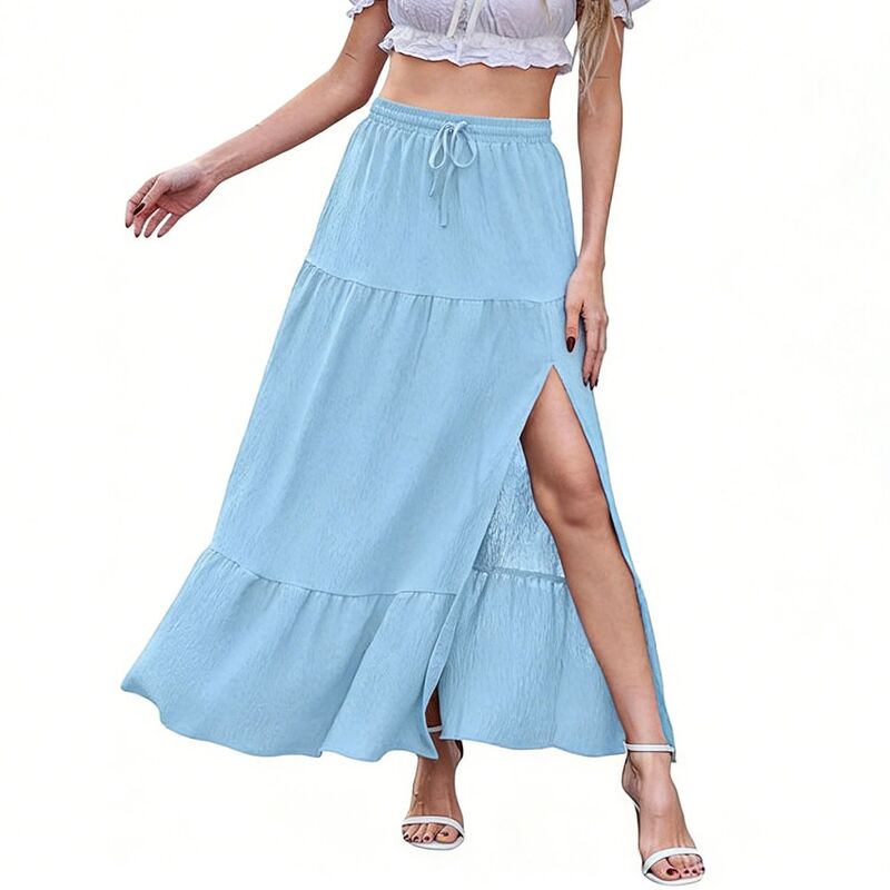 クリアフラワー レディース ボトムスカート サイドスリット ティアード マキシ ClearFlower Women's Tie red Maxi Skirt - Elastic Waist Side Slit Summer Skirt for Casual & Vacation Wear Blue ブルー｜ReVida 店