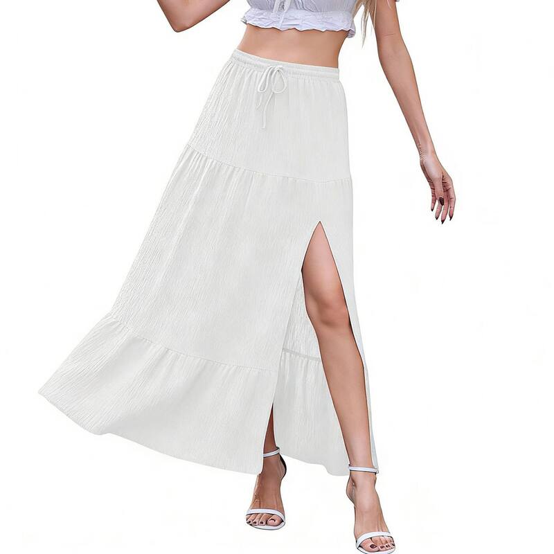 クリアフラワー レディース ボトムスカート サイドスリット ティアード マキシ ClearFlower Women's Tie red Maxi Skirt - Elastic Waist Side Slit Summer Skirt for Casual & Vacation Wear White ホワイト｜ReVida 店