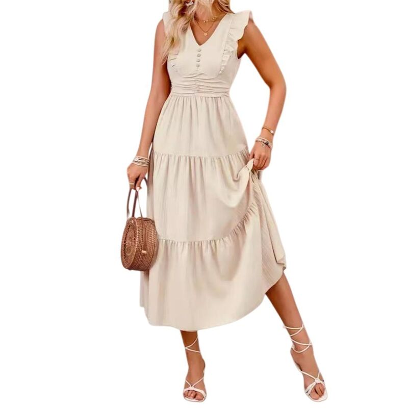 イエスファッション レディース トップス ワンピース Vネック シャーリング キャップ マキシ Yesfashion Women\'s Flowy Maxi Dress Casual Cap Sleeve V Neck Smocked Beach Sundress Apricot アプリコット｜ReVida 店