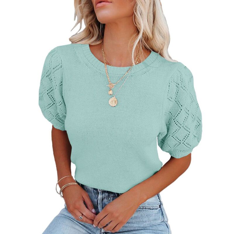 イエスファッション レディース アウター ニット・セーター クルーネック シャツ Yesfashion Womenshort Sleeve Sweaters Crewnecknit Pullover Tops Casualightweight Crochet Shirt Mint Blue ブルー｜ReVida 店