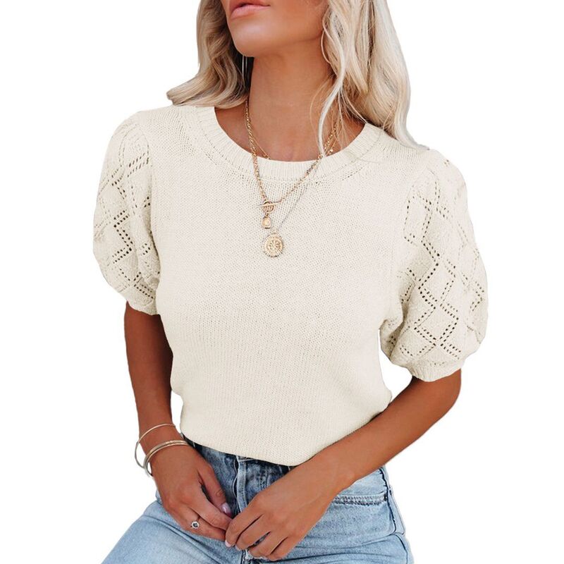 イエスファッション レディース アウター ニット・セーター クルーネック シャツ Yesfashion Womenshort Sleeve Sweaters Crewnecknit Pullover Tops Casualightweight Crochet Shirt Off White オフホワイト|ReVida 店