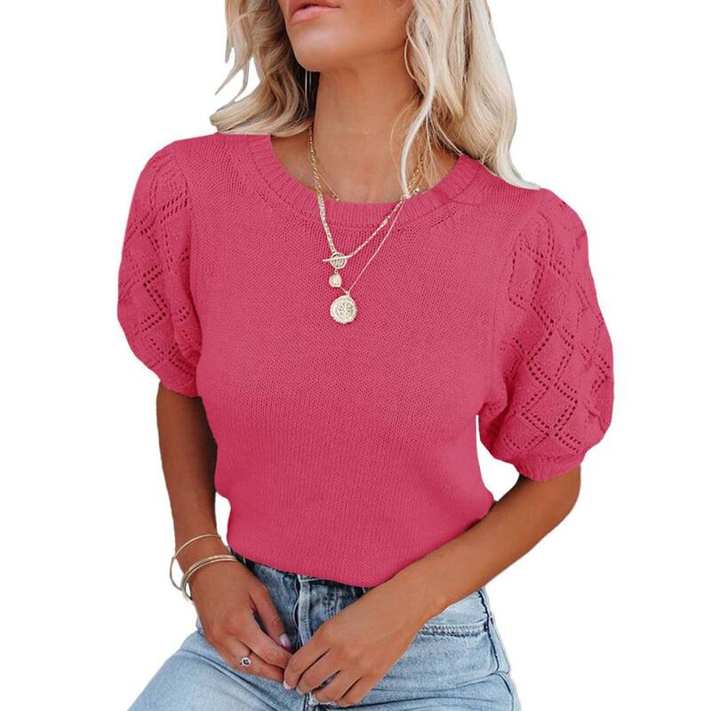 イエスファッション レディース アウター ニット・セーター クルーネック シャツ Yesfashion Womenshort Sleeve Sweaters Crewnecknit Pullover Tops Casualightweight Crochet Shirt Rose｜ReVida 店