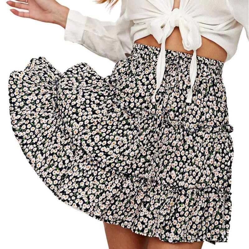 ジョイジョイ レディース ボトムスカート A ライン フラワー柄 プリント フリル ミニ フラワー ハイウエスト JoyJoy Women High-Waisted Ruffle Mini Skirt Floral Print Elastic Waist Drawstring Casual A-Line Short Skirt Navy Blue ネイビー｜ReVida 店