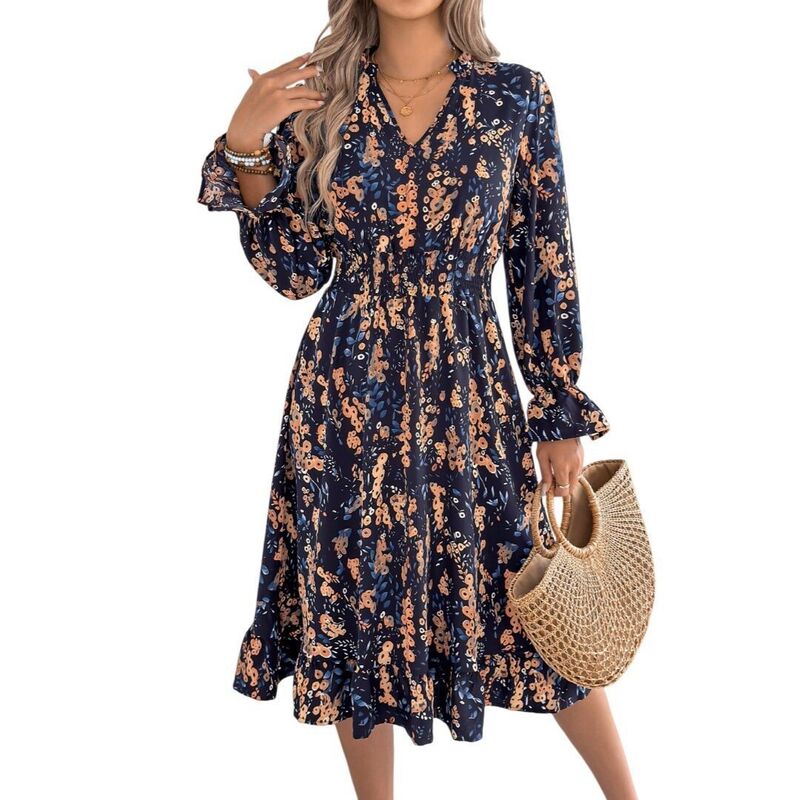 イエスファッション レディース トップス ワンピース A ライン フラワー柄 ミディ フラワー Yesfashion Women\'s Floralong Sleeve Flowy A-Line Wrap Neck Midi Dress Blue ブルー｜ReVida 店