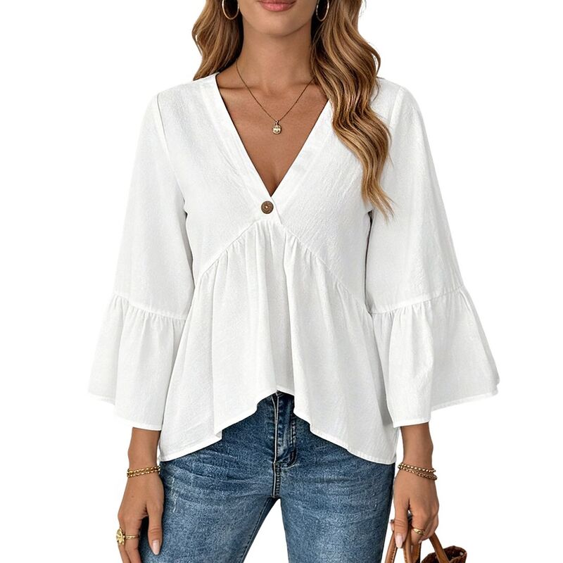 エリートスピリット レディース トップス シャツ Vネック ブラウス EliteSpirit Women's V Neck Single Button Front Fla red Bell Sleeve Lightweight Peplum Blouse White ホワイト|ReVida 店