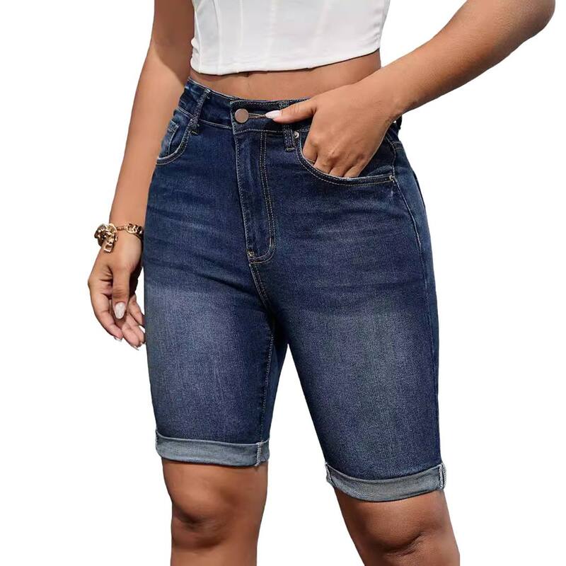 エリートスピリット レディース ボトムス ハーフパンツ・ショーツ ショートパンツ デニム EliteSpirit Women's High Rise Denim Bermuda Rolled Hem Classic Denim Shorts Blue ブルー｜ReVida 店 10,110円