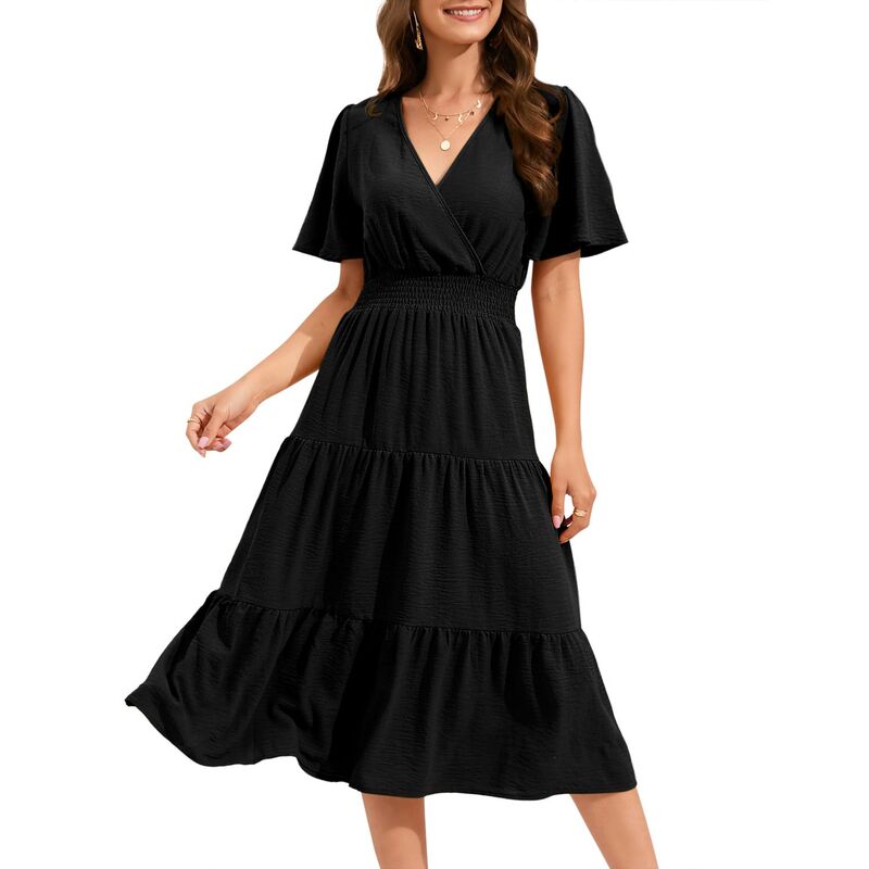 セオリア レディース トップス ワンピース Vネック ハイウエスト フリル ミディ シャーリング Seoria Women Smocked High Waist Cross V Neck Ruffled Short Sleeve Laye red Midi Dress Black ブラック｜ReVida 店