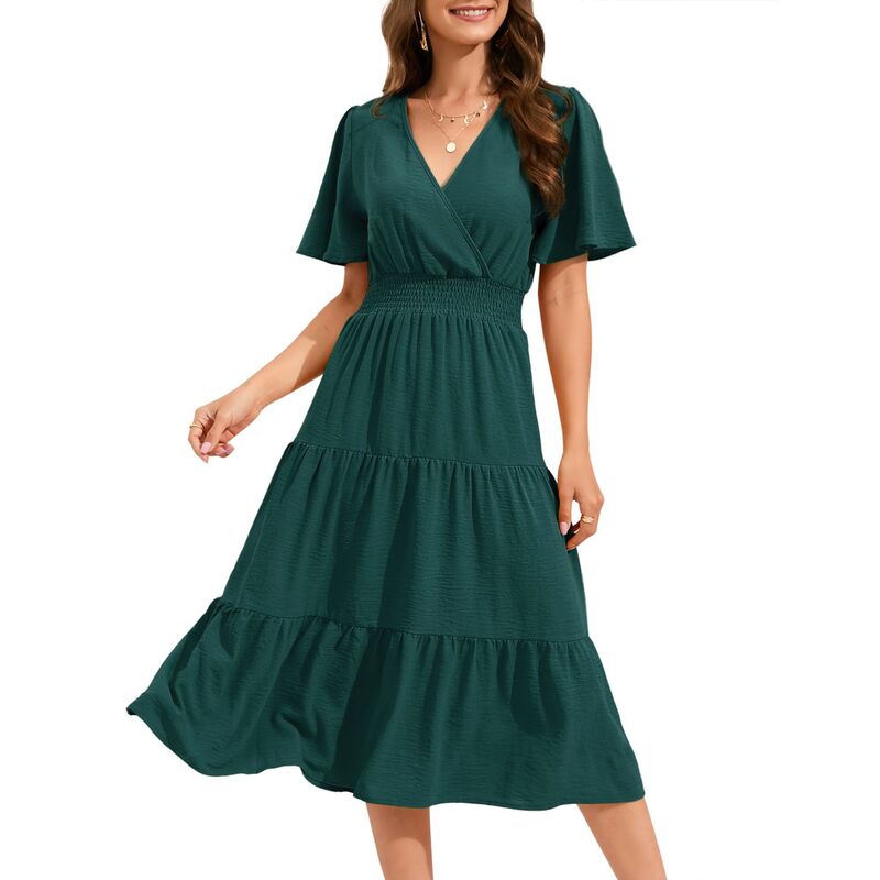 セオリア レディース トップス ワンピース Vネック ハイウエスト フリル ミディ シャーリング Seoria Women Smocked High Waist Cross V Neck Ruffled Short Sleeve Laye red Midi Dress Dark Green グリーン|ReVida 店