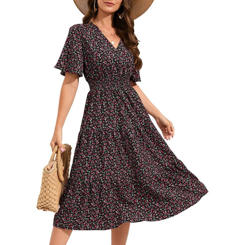セオリア レディース トップス ワンピース Vネック ハイウエスト フリル ミディ シャーリング Seoria Women Smocked High Waist Cross V Neck Ruffled Short Sleeve Laye red Midi Dress Red Flower On Black ブラック｜ReVida 店