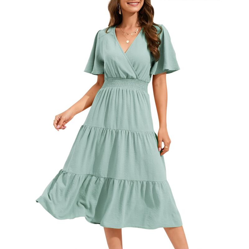 セオリア レディース トップス ワンピース Vネック ハイウエスト フリル ミディ シャーリング Seoria Women Smocked High Waist Cross V Neck Ruffled Short Sleeve Laye red Midi Dressage Green グリーン|ReVida 店