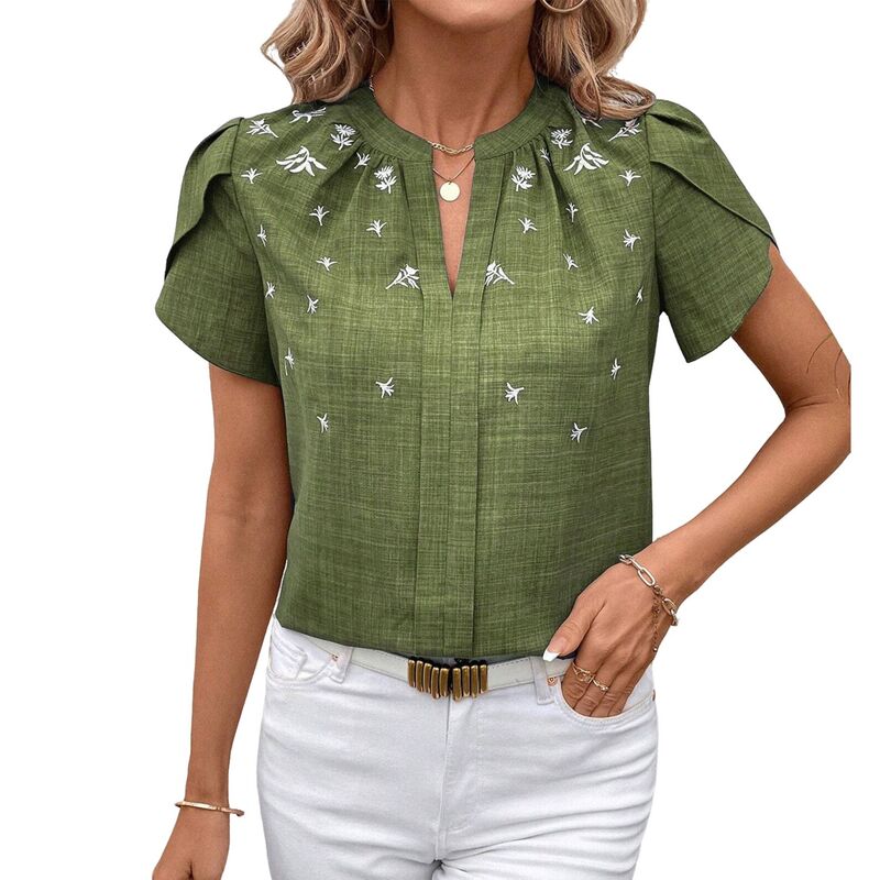 エリートスピリット レディース トップス Tシャツ 刺繍 ブラウス EliteSpirit Women's Embroide red Split Neck Blouse Petal Sleeve Casual Summer Top Green グリーン｜ReVida 店