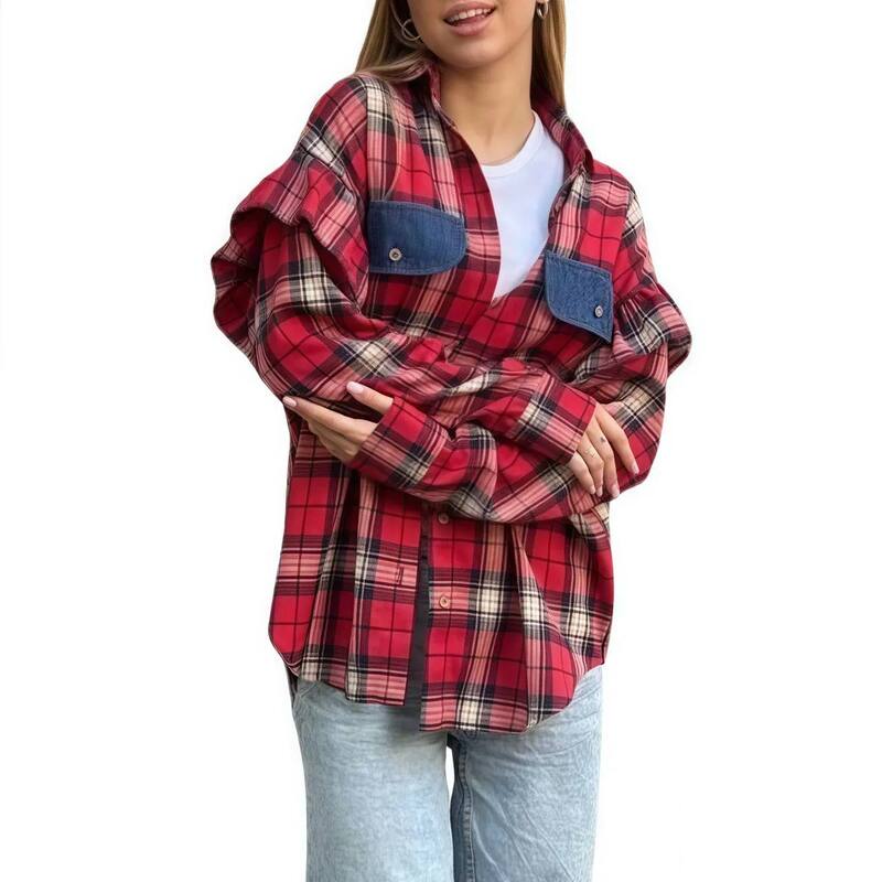 エリートスピリット レディース トップス シャツ ボタンダウン ブラウス EliteSpirit Womens Button Down Oversized Shirts Long Sleeve Plaid Shackets Business Casual Blouse Top Red レッド|ReVida 店