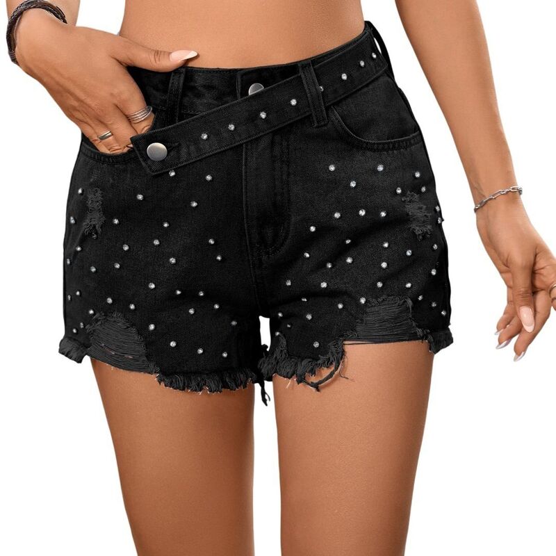 イエスファッション レディース ボトムス ハーフパンツ・ショーツ ショートパンツ フリンジ Yesfashion Women's High Waisted Rhinestone Fringe Distressed Raw Hem Stretch Jean Shorts Black ブラック|ReVida 店