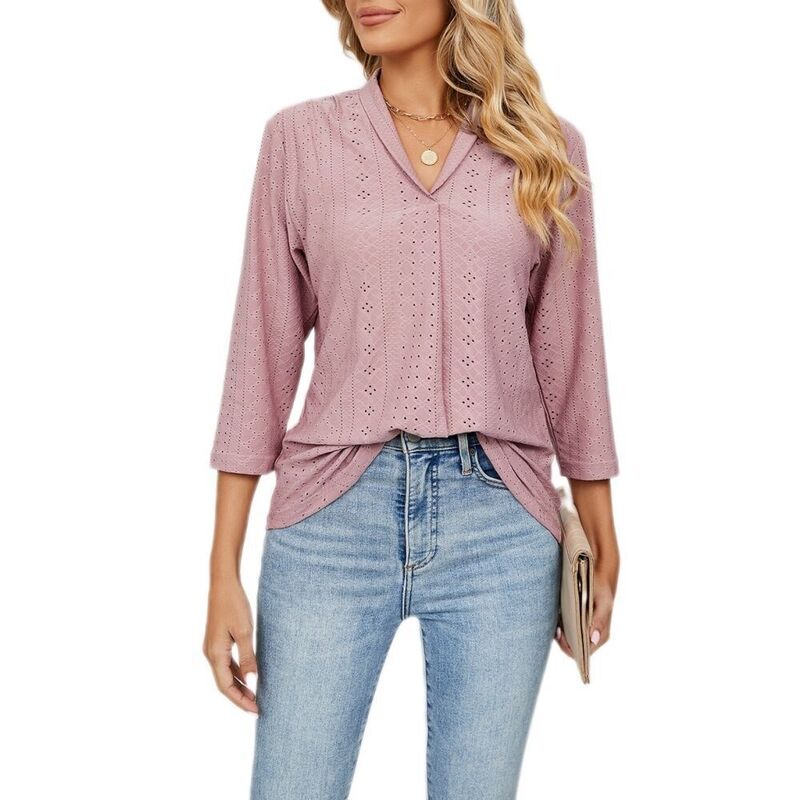 ボディサイズ レディース トップス シャツ Vネック ブラウス BODDYSIZE Womens Fall Summer Dressy Casual Business Blouse V Neck Long Sleeve Hollow Out-Shirts Tops Pink ピンク|ReVida 店