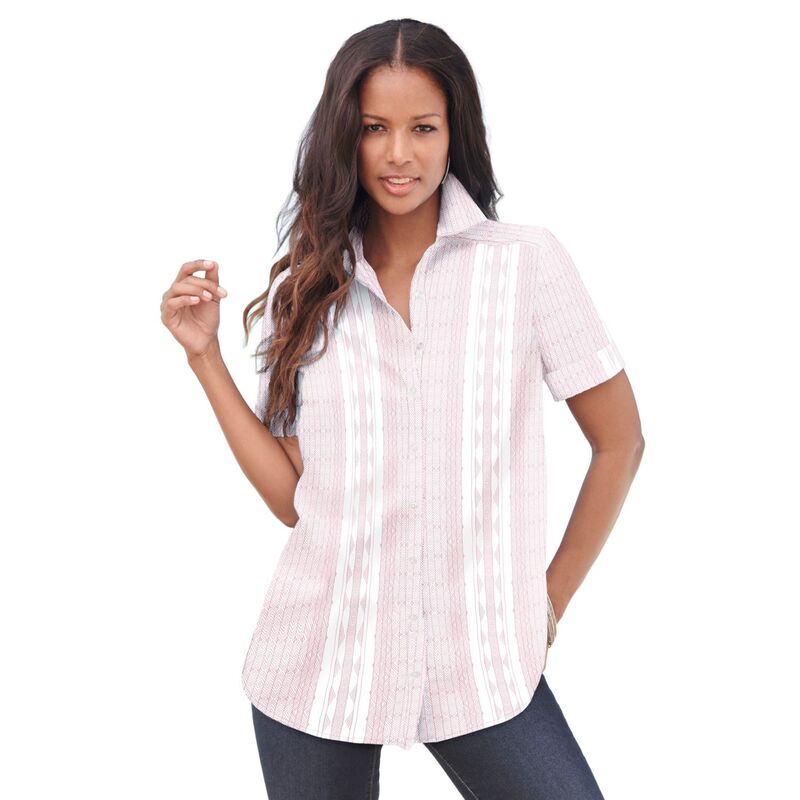 ロアマンズ レディース トップス シャツ プラスサイズ コットン Roaman's Women's Plusizextended Plusize Kate Short Sleeveasy Cotton-Blend Button-Front Shirt Desert Rose White ホワイト|ReVida 店