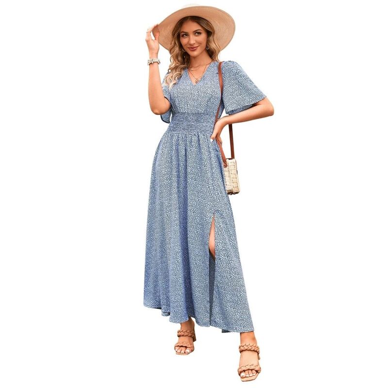 イエスファッション レディース トップス ワンピース Vネック フラワー柄 マキシ フラワー Yesfashion Women's Boho Floral Short Sleeve Wrap V Neck Long Flowy Beach Vacation Maxi Dress Blue Floral ブルー｜ReVida 店