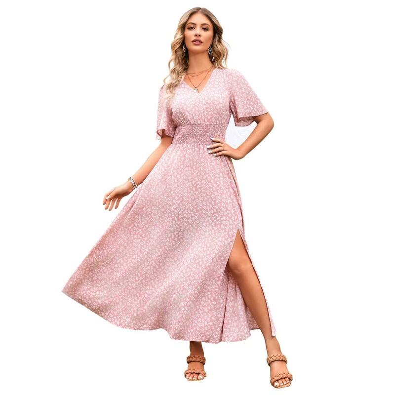 イエスファッション レディース トップス ワンピース Vネック フラワー柄 マキシ フラワー Yesfashion Women's Boho Floral Short Sleeve Wrap V Neck Long Flowy Beach Vacation Maxi Dress Pink Floral ピンク｜ReVida 店