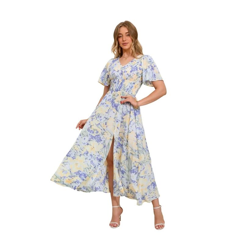 イエスファッション レディース トップス ワンピース Vネック フラワー柄 マキシ フラワー Yesfashion Women's Boho Floral Short Sleeve Wrap V Neck Long Flowy Beach Vacation Maxi Dress Purple Yellow Flowers イエロー｜ReVida 店